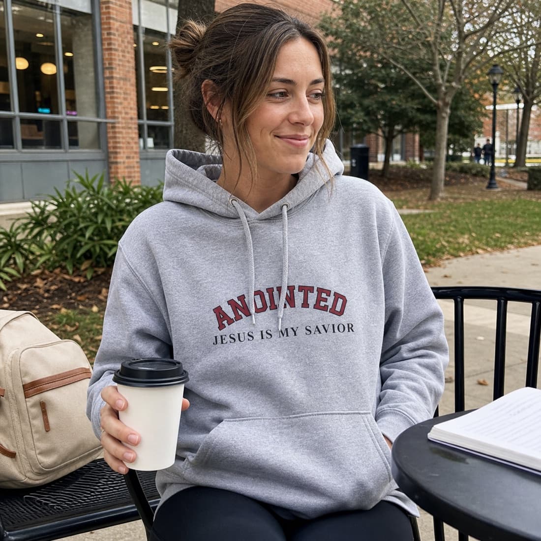 Customer wearing the sport grey My Jesus hoodie on campus