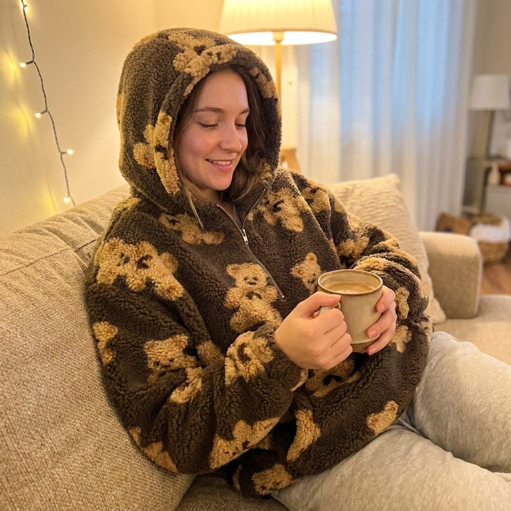 Customer relaxing on a couch in the coffee teddy-bear hoodie