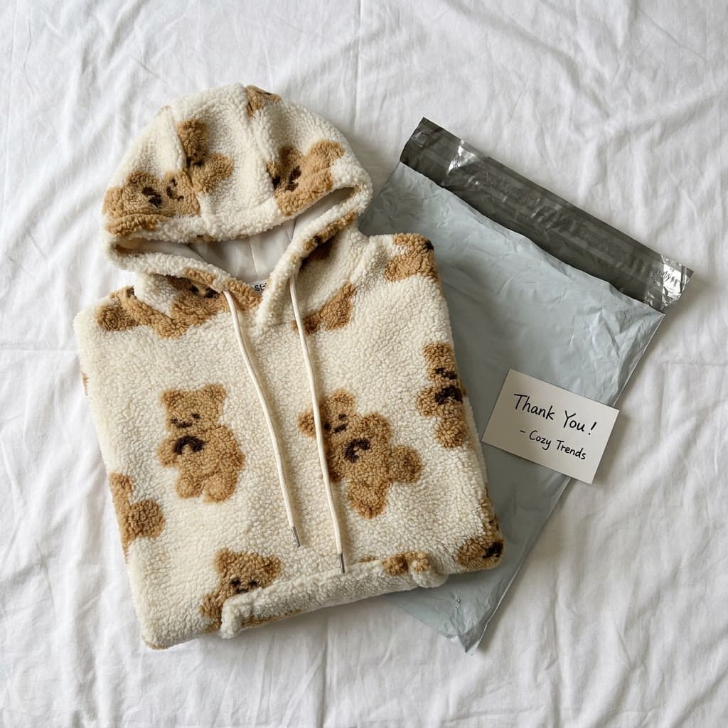 Flat lay of the folded teddy-bear hoodie next to the package