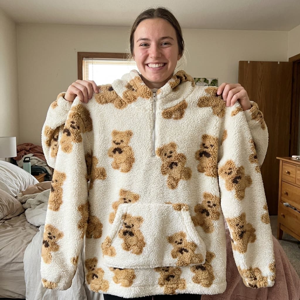 Customer holding up the cream teddy-bear hoodie