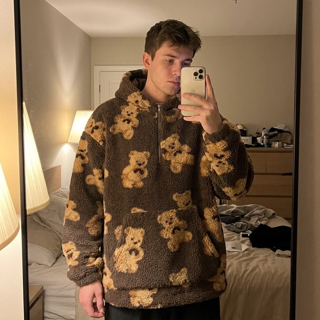 Customer mirror selfie in the coffee teddy-bear hoodie