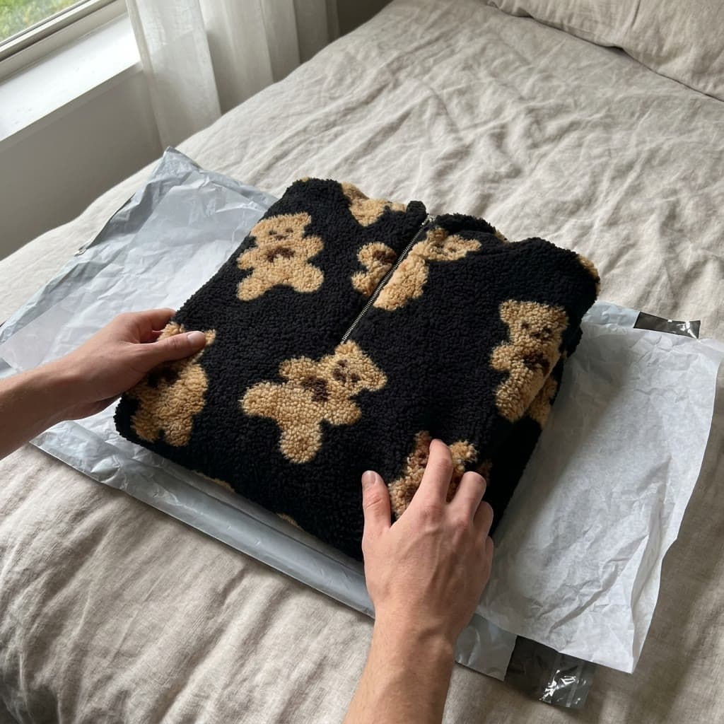 Customer opening the package revealing the black teddy-bear hoodie