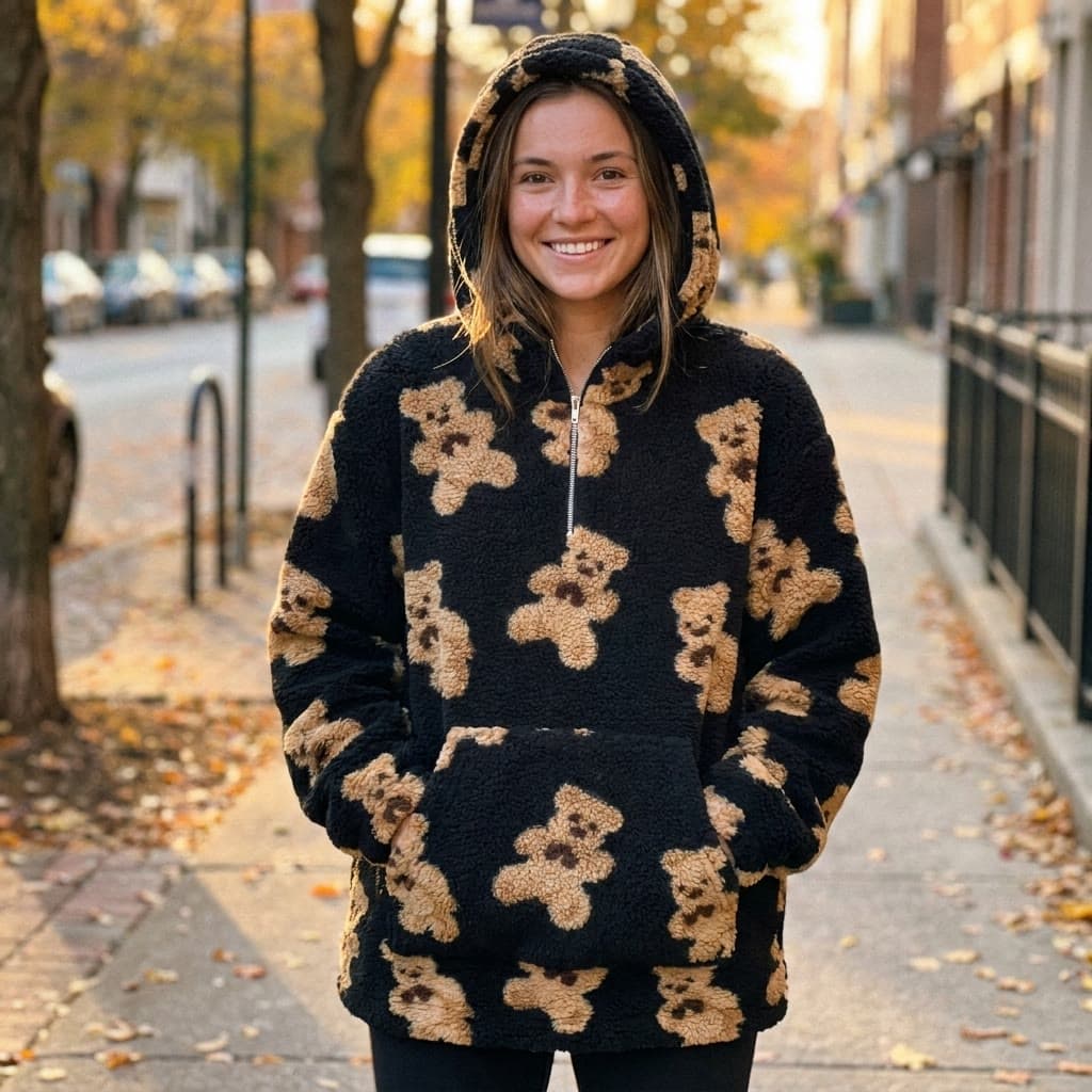Customer wearing the black teddy-bear hoodie outdoors