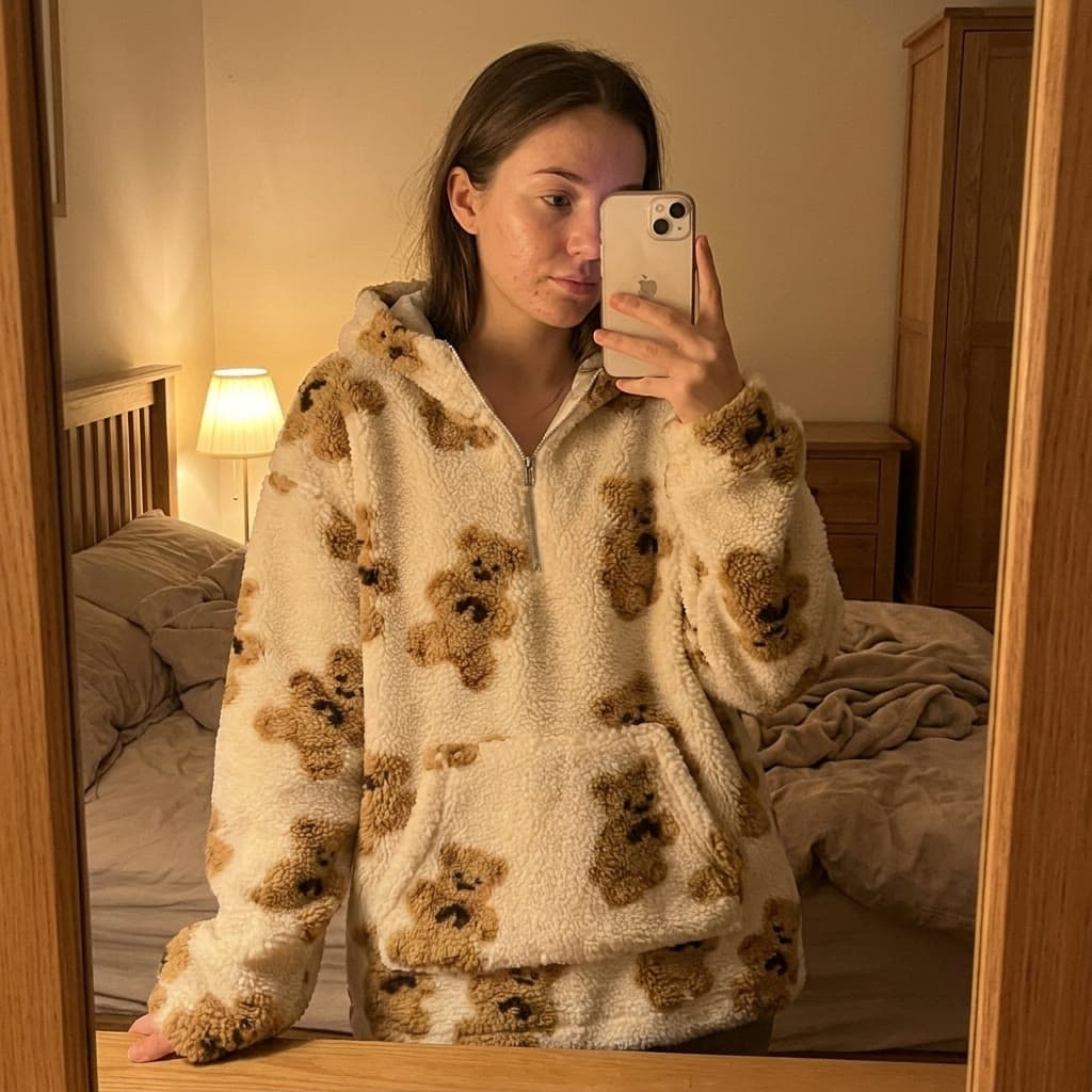 Customer mirror selfie in the cream teddy-bear hoodie